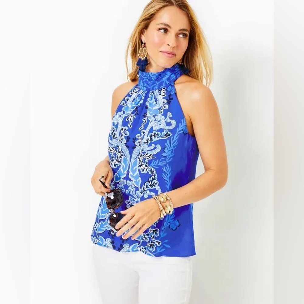 Lilly Pulitzer DONITA HALTER TOP, ALBA BLUE BAJA COVE ENGINEERED WOVEN TOP